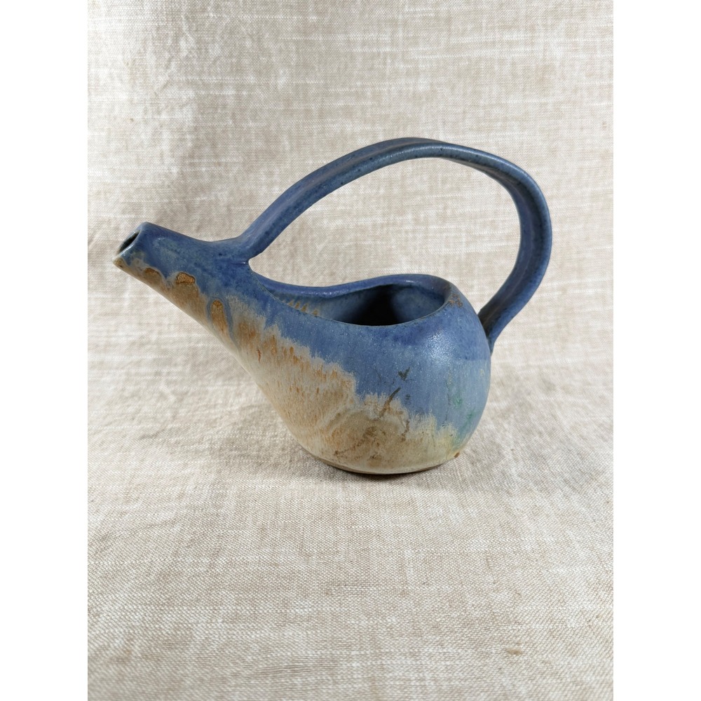 Vintage Blue Studio Pottery Pitcher Vase Sculptural Ceramic Creamer Coastal